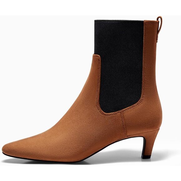 Women's Brown Ankle Low Kitten Heel Pointed Toe Slip On Dressy Winter Booties - Picture 4 of 6